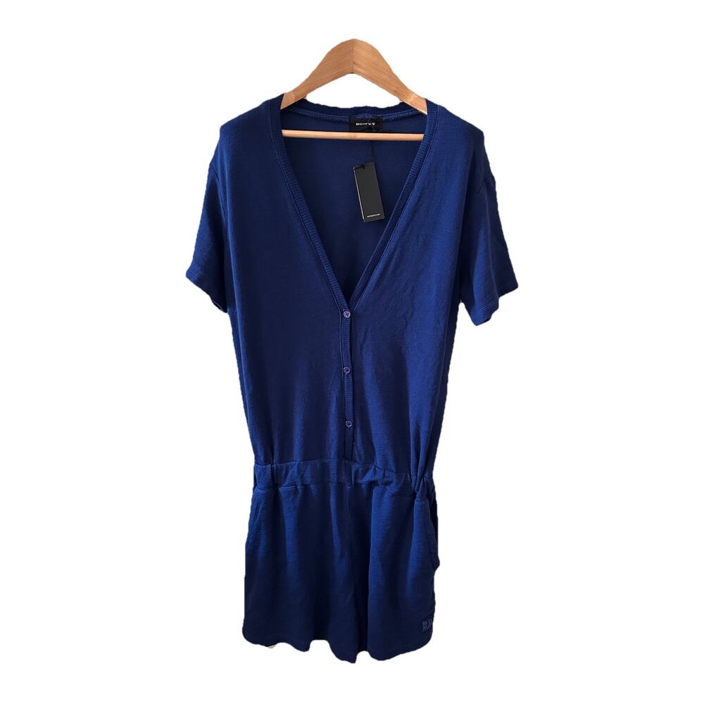 Monrow Womens Blue Short Sleeve Button Front V-Neck‎ Knit Romper NWT
